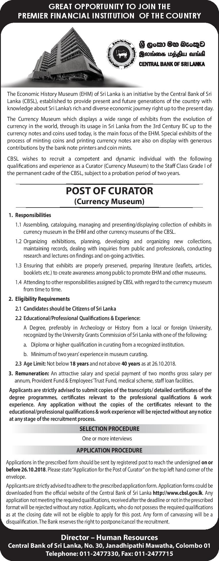 Curator (Currency Museum) - Central Bank of Sri Lanka